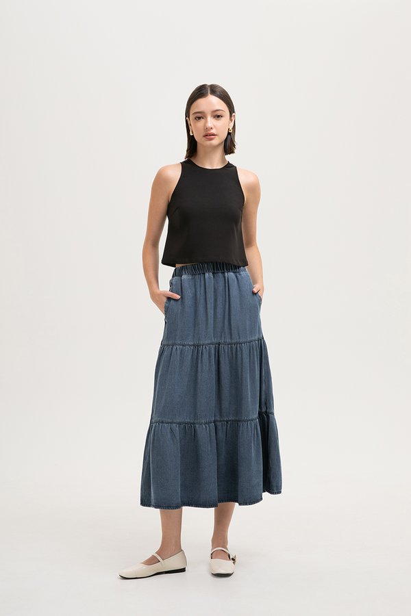 JUNIE TIERED DENIM MIDI SKIRT
