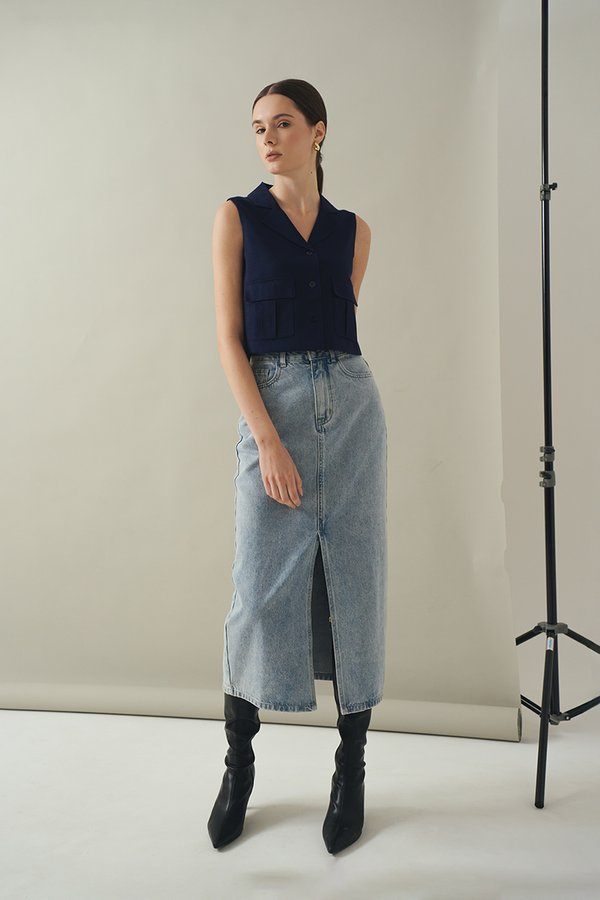 SADDIE DENIM MIDI SKIRT W SLIT