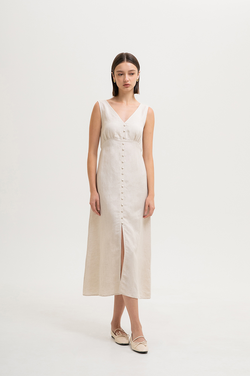 AURIELLE WAIST TIE LINEN DRESS