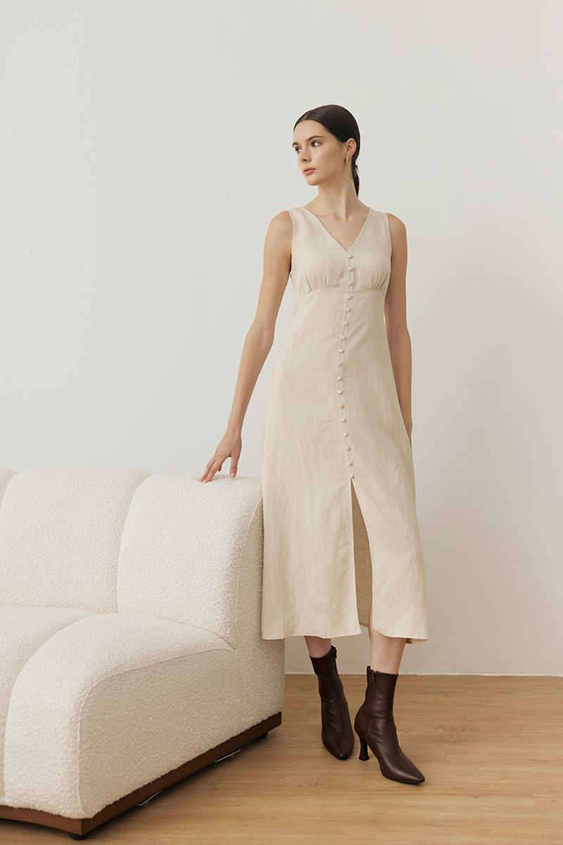 AURIELLE WAIST TIE LINEN DRESS