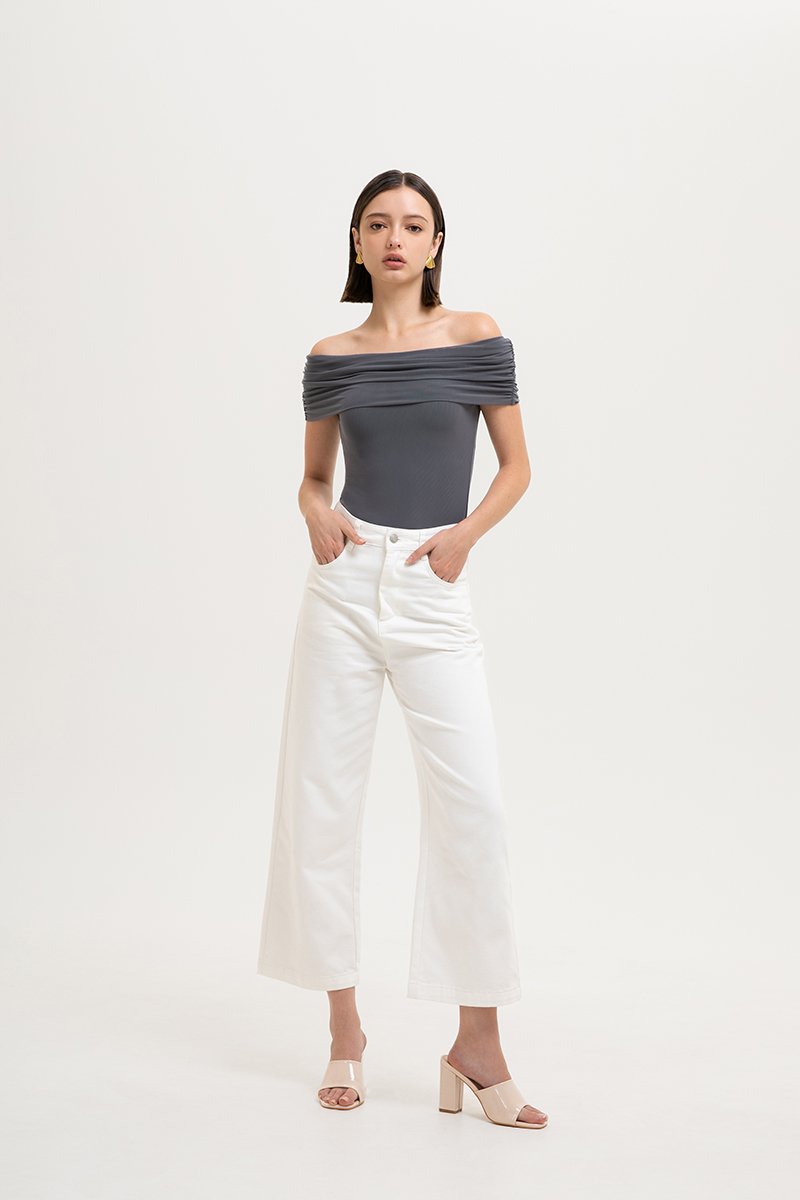 JEMMA RUCHED OFF SHOULDER MESH TOP