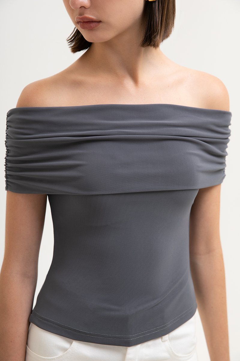 JEMMA RUCHED OFF SHOULDER MESH TOP