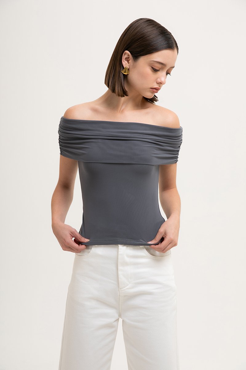 JEMMA RUCHED OFF SHOULDER MESH TOP
