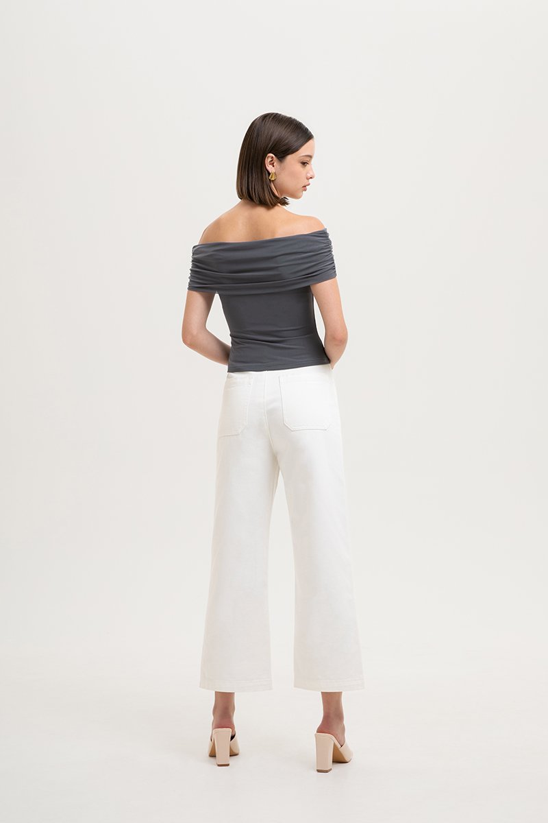 JEMMA RUCHED OFF SHOULDER MESH TOP