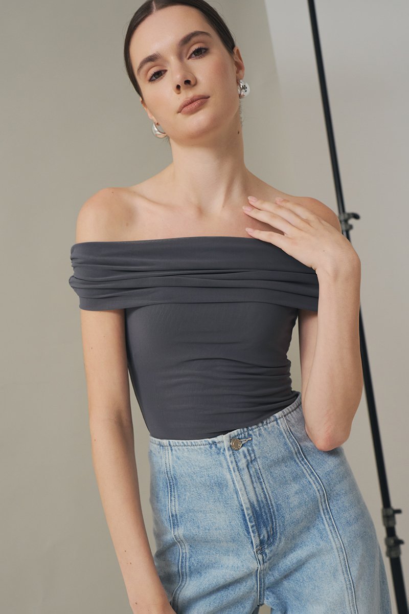 JEMMA RUCHED OFF SHOULDER MESH TOP
