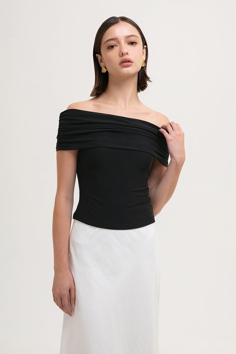 JEMMA RUCHED OFF SHOULDER MESH TOP