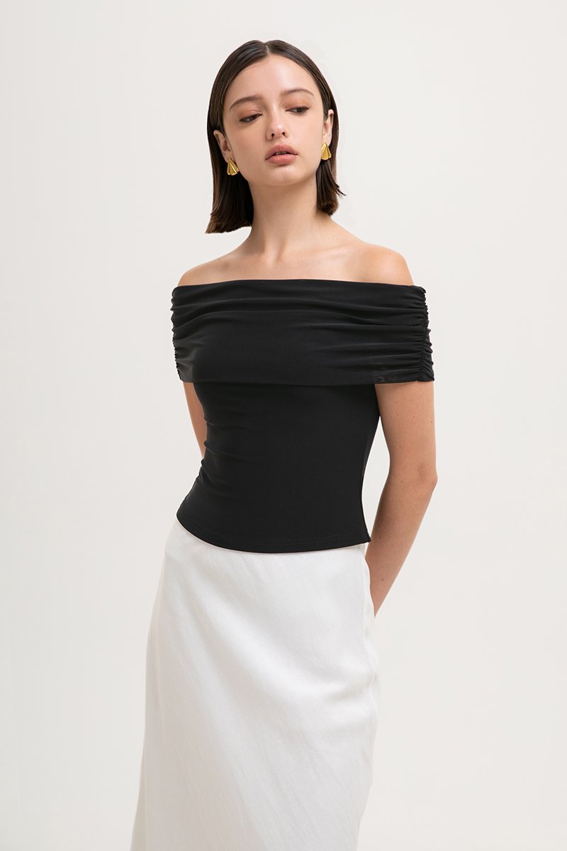 JEMMA RUCHED OFF SHOULDER MESH TOP