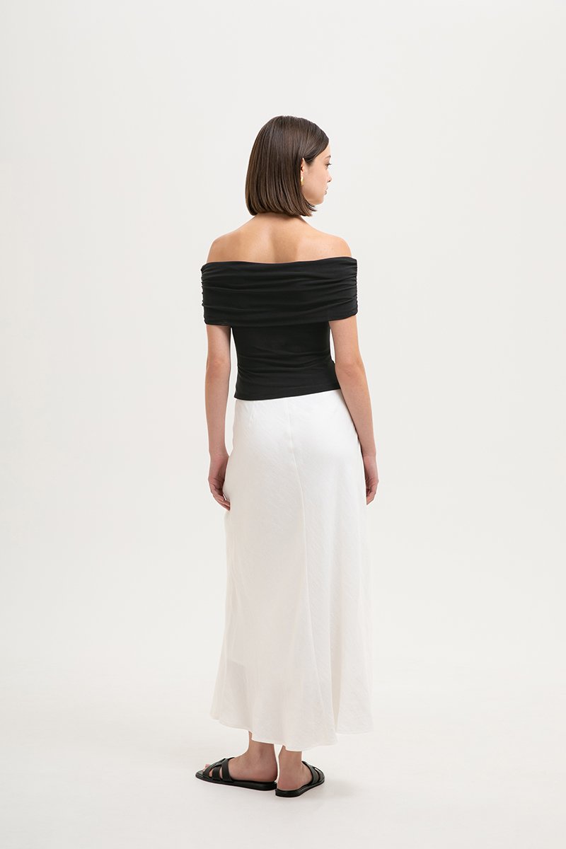 JEMMA RUCHED OFF SHOULDER MESH TOP