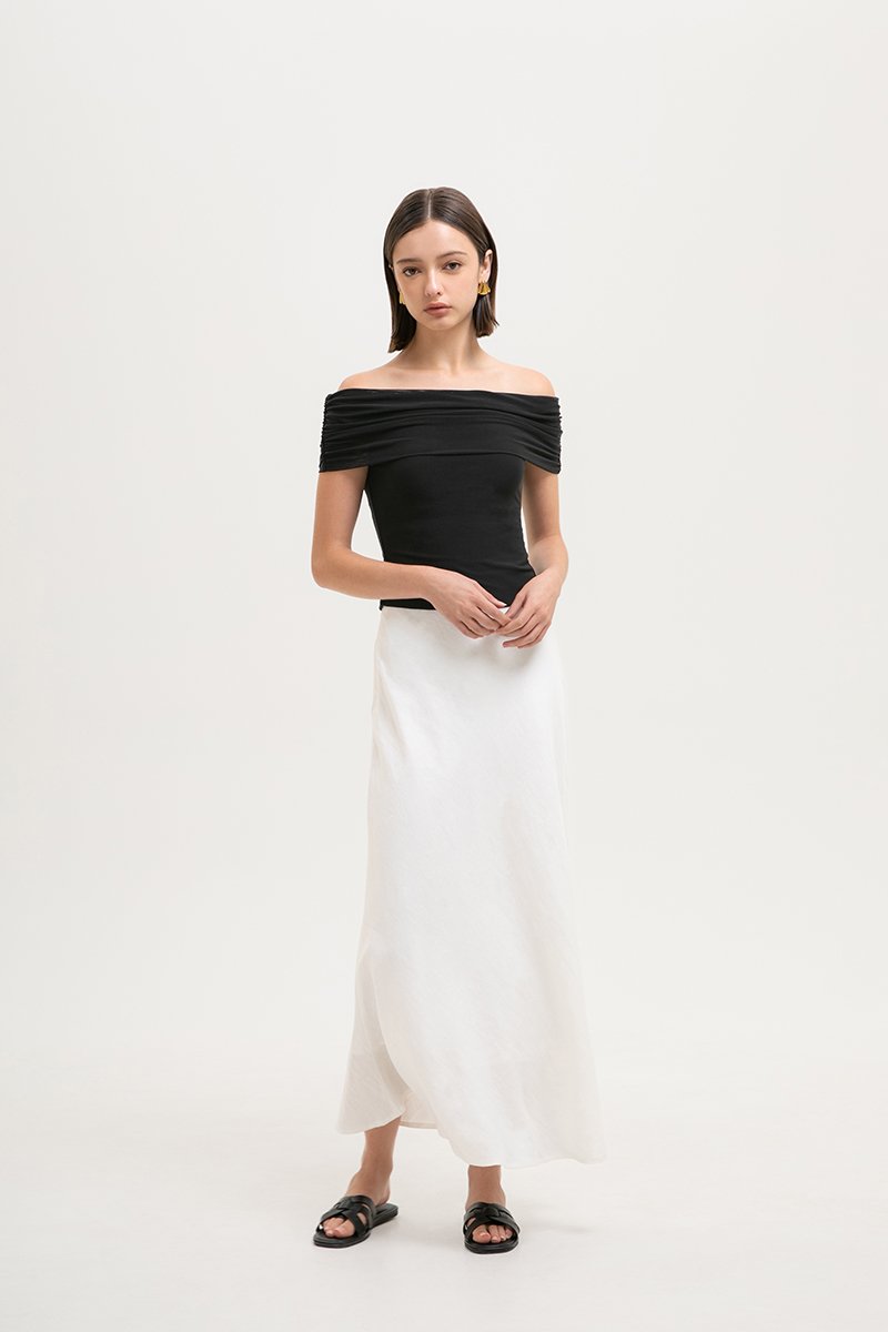 JEMMA RUCHED OFF SHOULDER MESH TOP