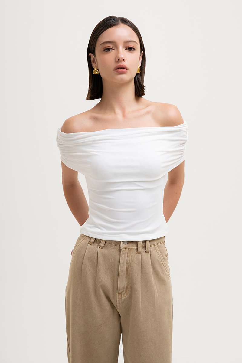 JEMMA RUCHED OFF SHOULDER MESH TOP