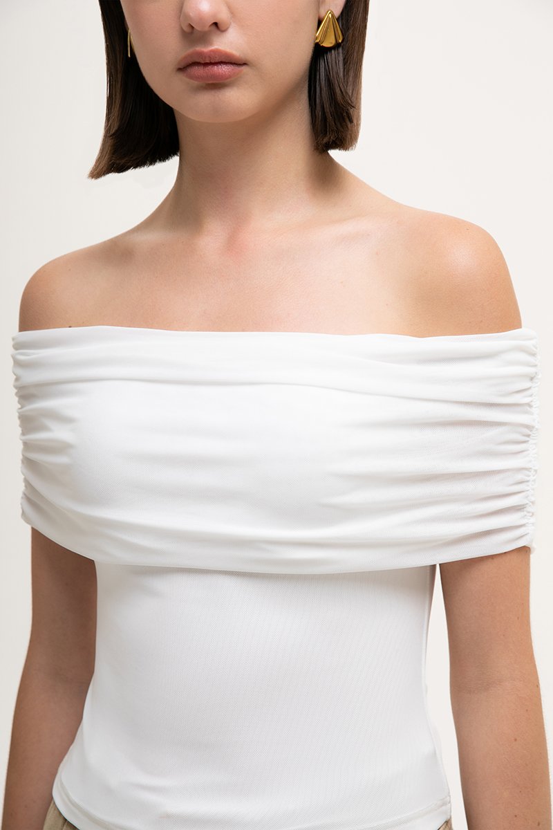 JEMMA RUCHED OFF SHOULDER MESH TOP