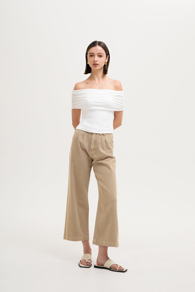 JEMMA RUCHED OFF SHOULDER MESH TOP