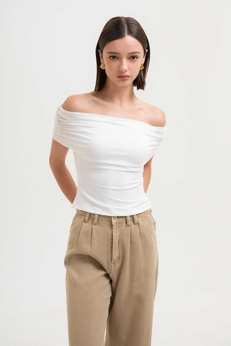 JEMMA RUCHED OFF SHOULDER MESH TOP