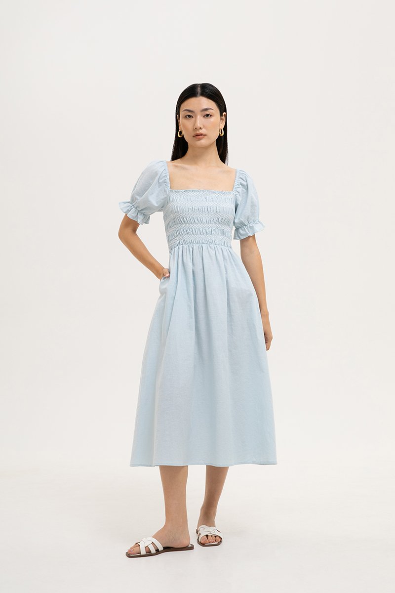 AINSLIE PUFF SLEEVES SMOCKED LINEN DRESS