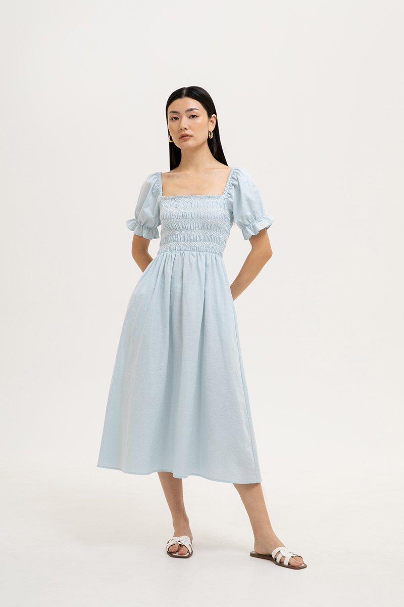 AINSLIE PUFF SLEEVES SMOCKED LINEN DRESS