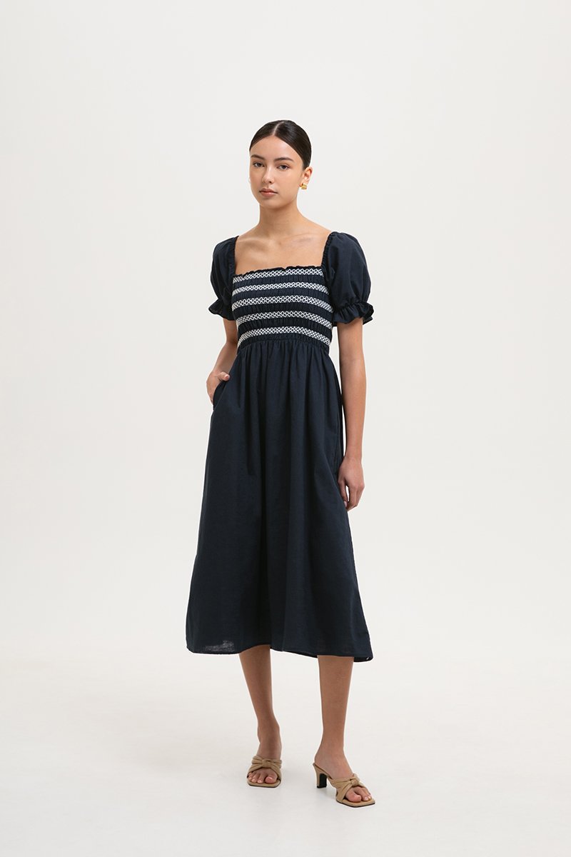 AINSLIE PUFF SLEEVES SMOCKED LINEN DRESS