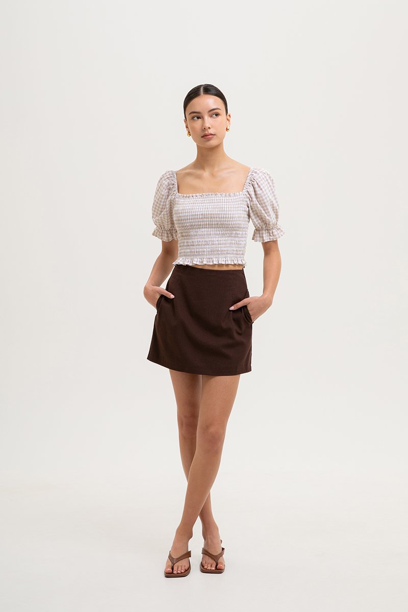 KEYLA GINGHAM SMOCKED PUFF SLEEVES CROP TOP