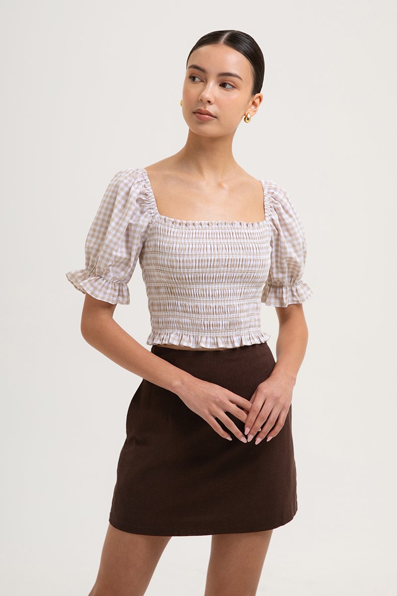 KEYLA GINGHAM SMOCKED PUFF SLEEVES CROP TOP
