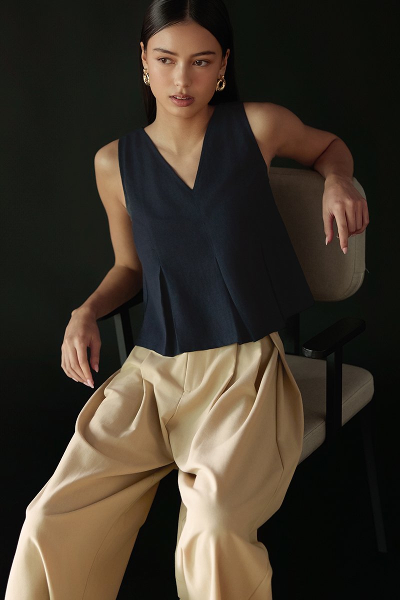 CARLINA PLEATED V NECK TOP