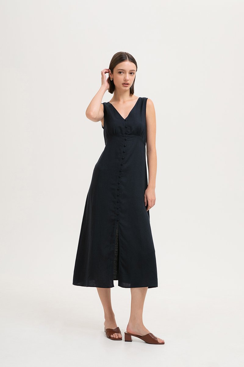 AURIELLE WAIST TIE LINEN DRESS