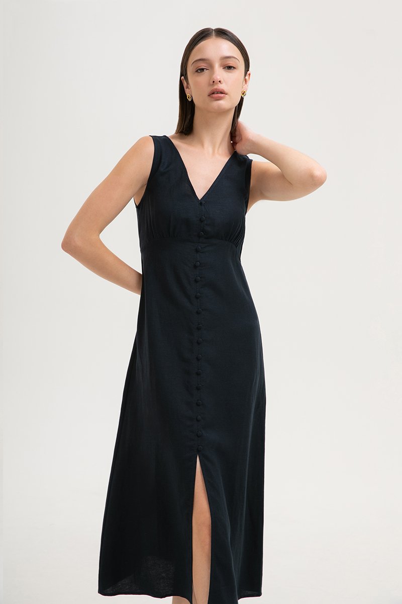 AURIELLE WAIST TIE LINEN DRESS