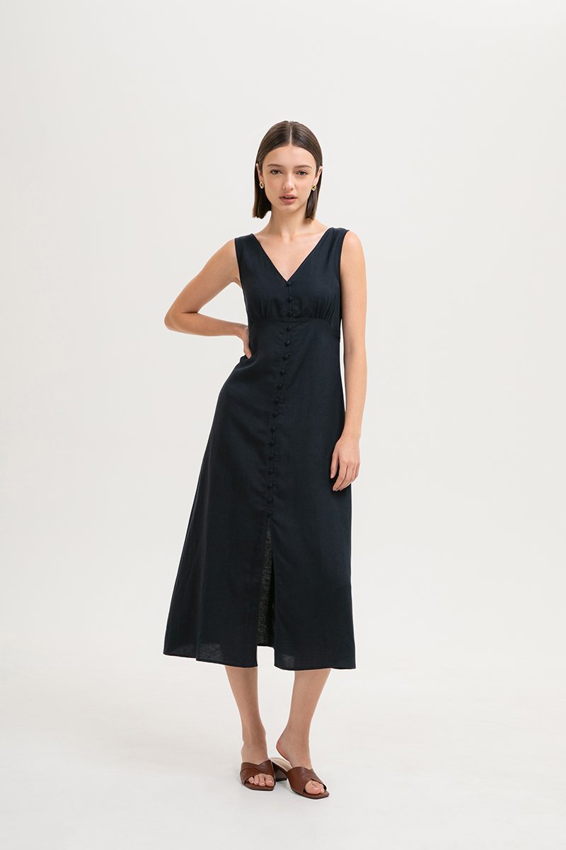 AURIELLE WAIST TIE LINEN DRESS