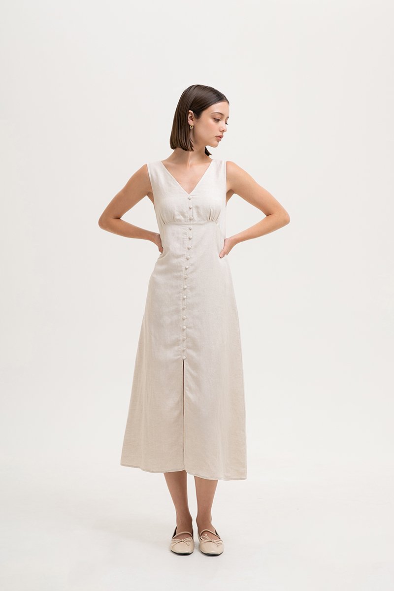 AURIELLE WAIST TIE LINEN DRESS