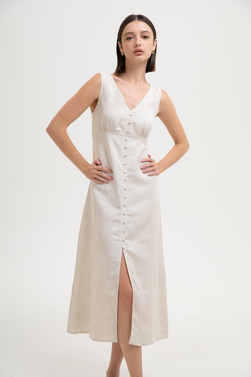 AURIELLE WAIST TIE LINEN DRESS