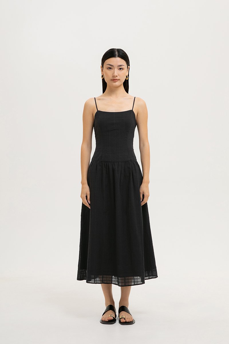 TERRIA DROP WAIST CHECKERED COTTON DRESS