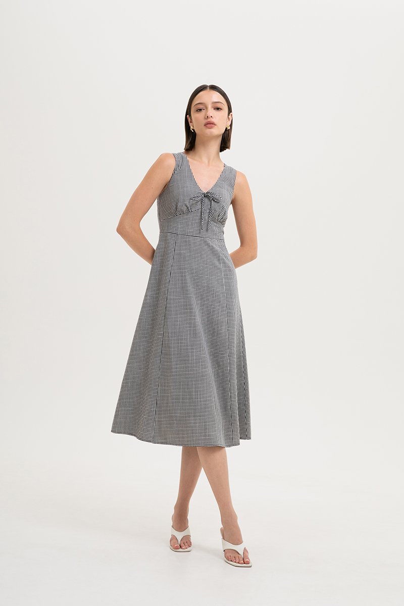 RUTH TIE FRONT GINGHAM MIDI DRESS