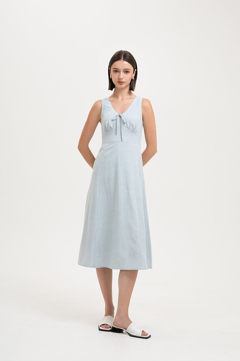 RUTH TIE FRONT GINGHAM MIDI DRESS