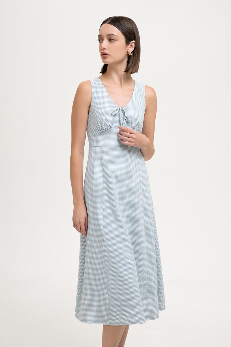 RUTH TIE FRONT GINGHAM MIDI DRESS