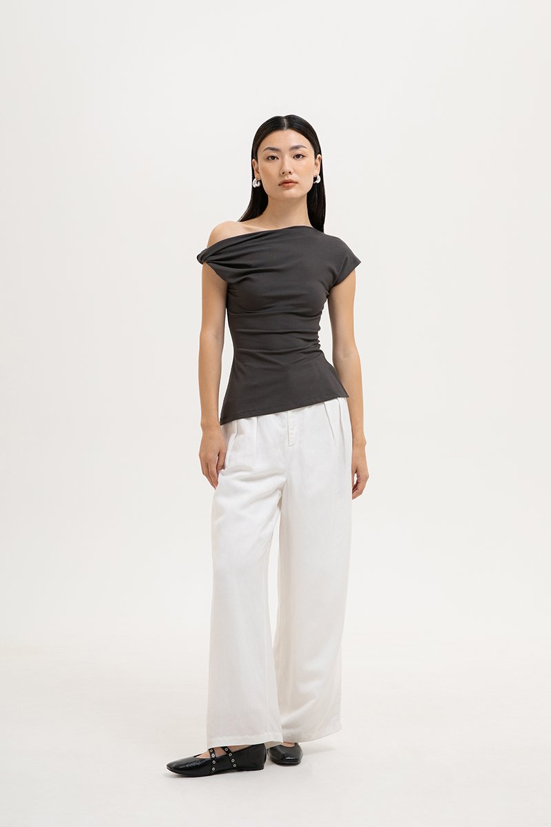 VIKKI ASYMMETRIC TWIST OFF SHOULDER TOP