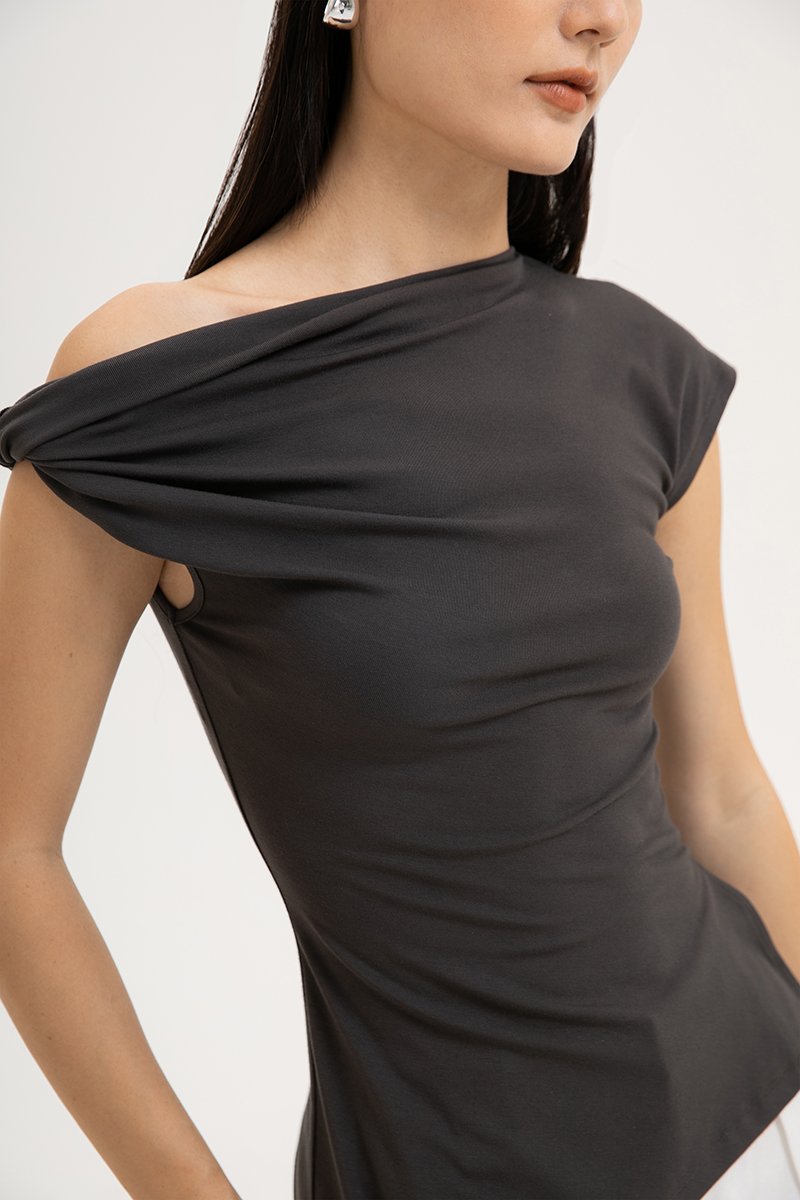 VIKKI ASYMMETRIC TWIST OFF SHOULDER TOP