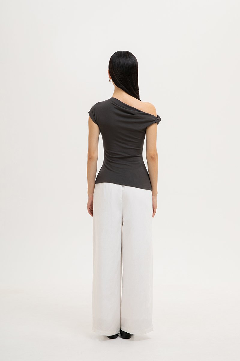 VIKKI ASYMMETRIC TWIST OFF SHOULDER TOP
