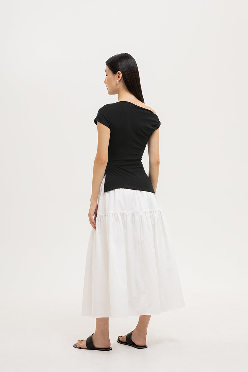 VIKKI ASYMMETRIC TWIST OFF SHOULDER TOP