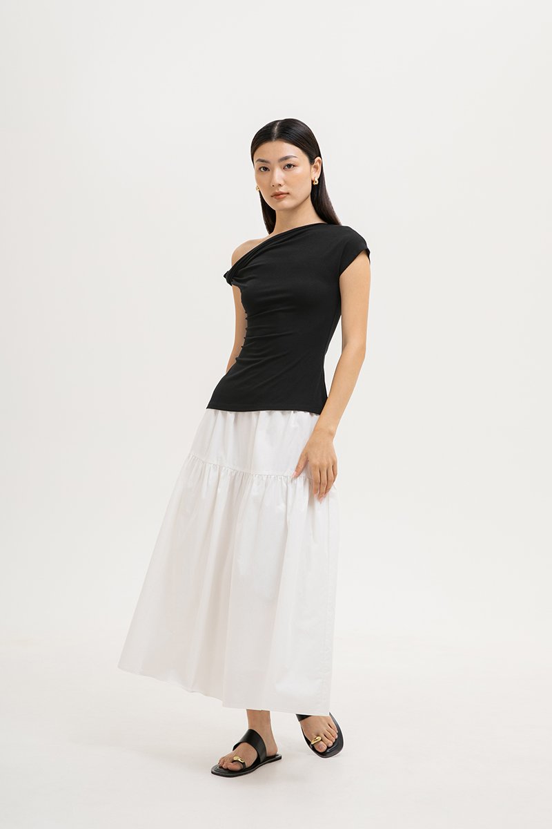 VIKKI ASYMMETRIC TWIST OFF SHOULDER TOP