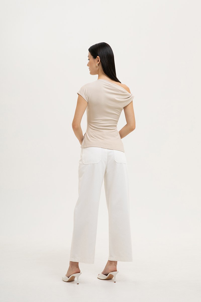 VIKKI ASYMMETRIC TWIST OFF SHOULDER TOP