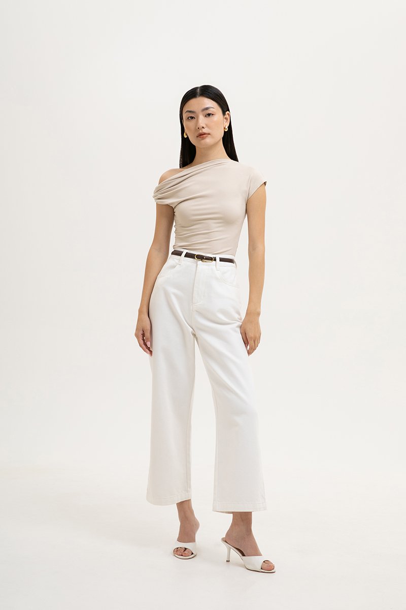 VIKKI ASYMMETRIC TWIST OFF SHOULDER TOP