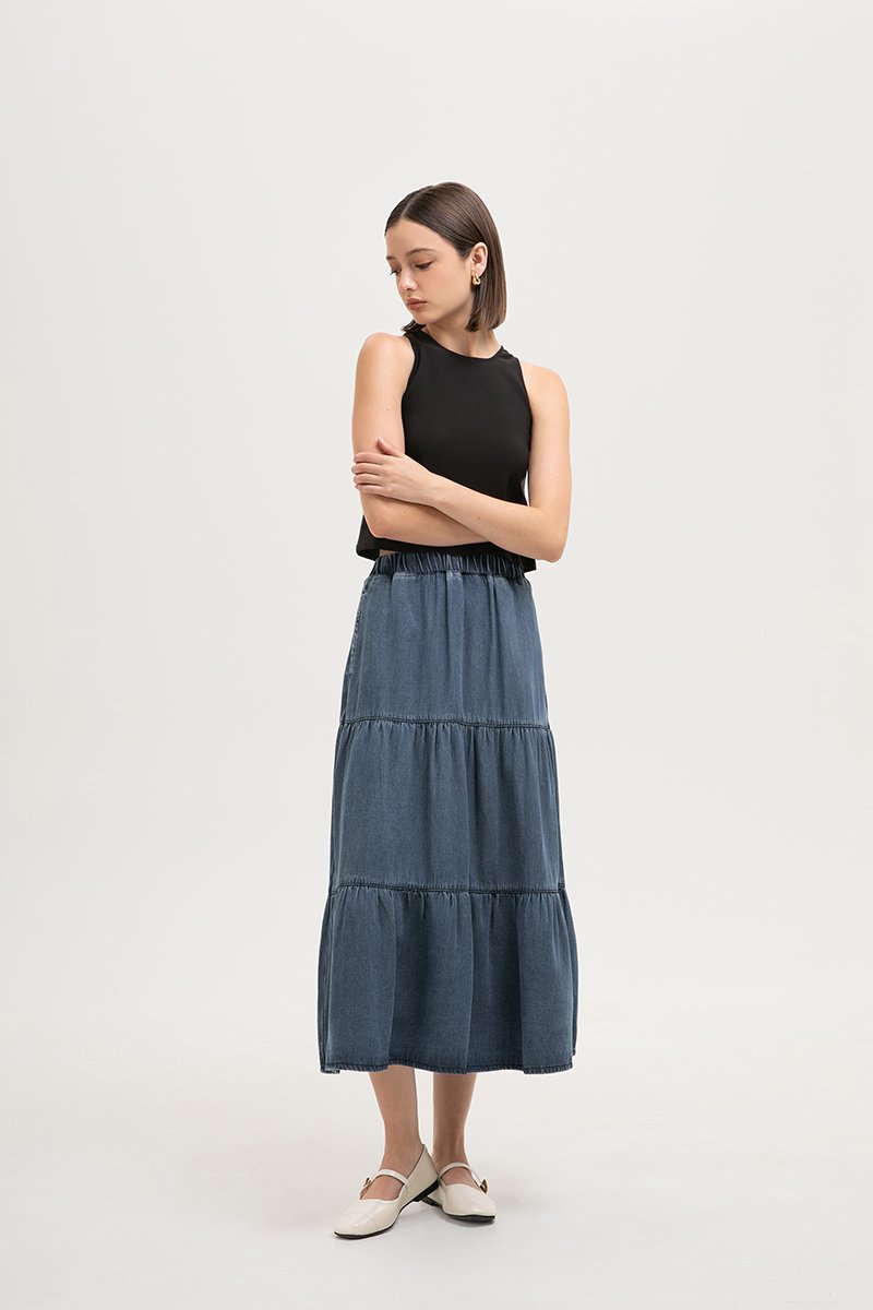 JUNIE TIERED DENIM MIDI SKIRT JUNIE TIERED DENIM MIDI SKIRT