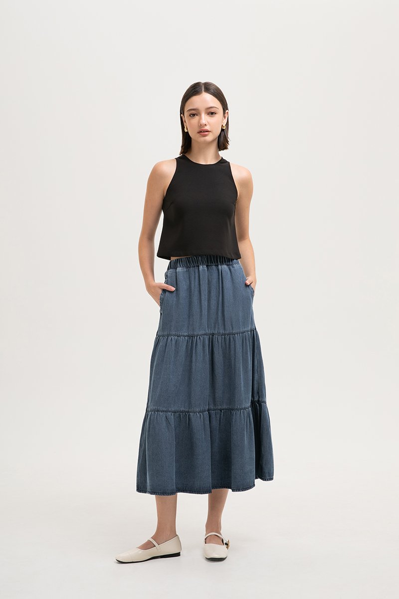JUNIE TIERED DENIM MIDI SKIRT JUNIE TIERED DENIM MIDI SKIRT