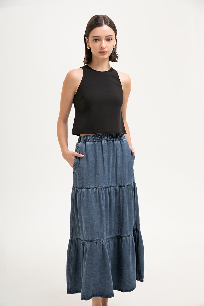 JUNIE TIERED DENIM MIDI SKIRT JUNIE TIERED DENIM MIDI SKIRT