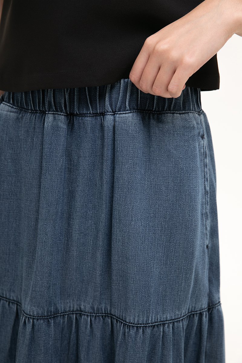JUNIE TIERED DENIM MIDI SKIRT JUNIE TIERED DENIM MIDI SKIRT