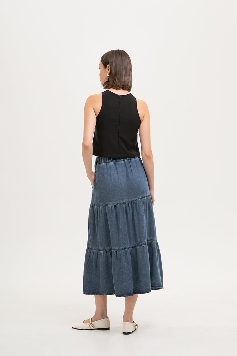 JUNIE TIERED DENIM MIDI SKIRT JUNIE TIERED DENIM MIDI SKIRT