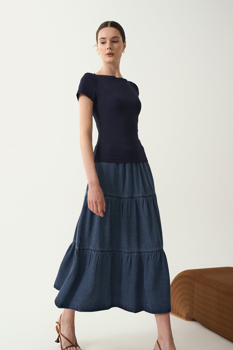 JUNIE TIERED DENIM MIDI SKIRT JUNIE TIERED DENIM MIDI SKIRT
