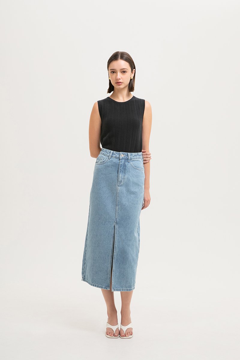 *BACKORDER* SADDIE DENIM MIDI SKIRT W SLIT