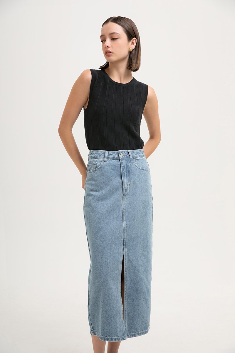 *BACKORDER* SADDIE DENIM MIDI SKIRT W SLIT