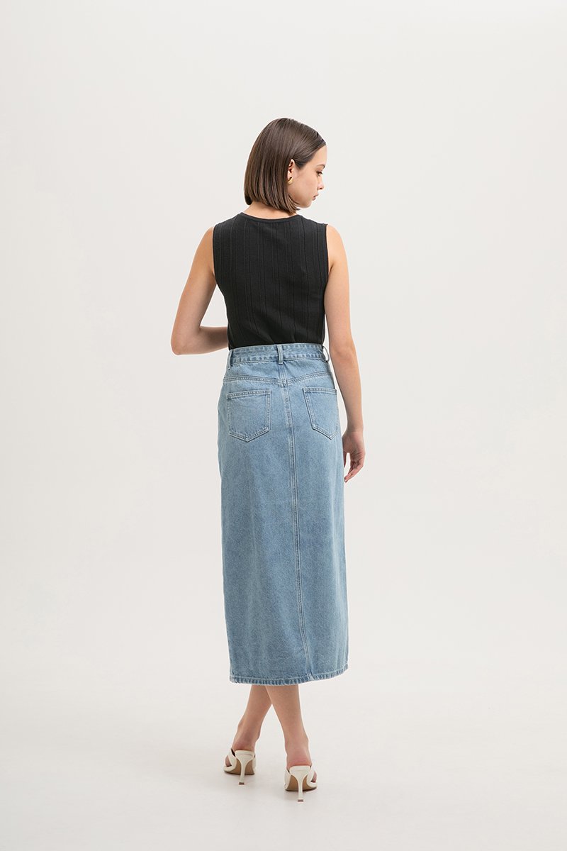 *BACKORDER* SADDIE DENIM MIDI SKIRT W SLIT
