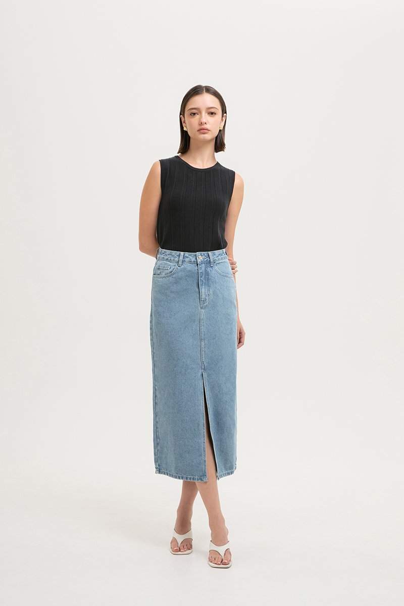 *BACKORDER* SADDIE DENIM MIDI SKIRT W SLIT