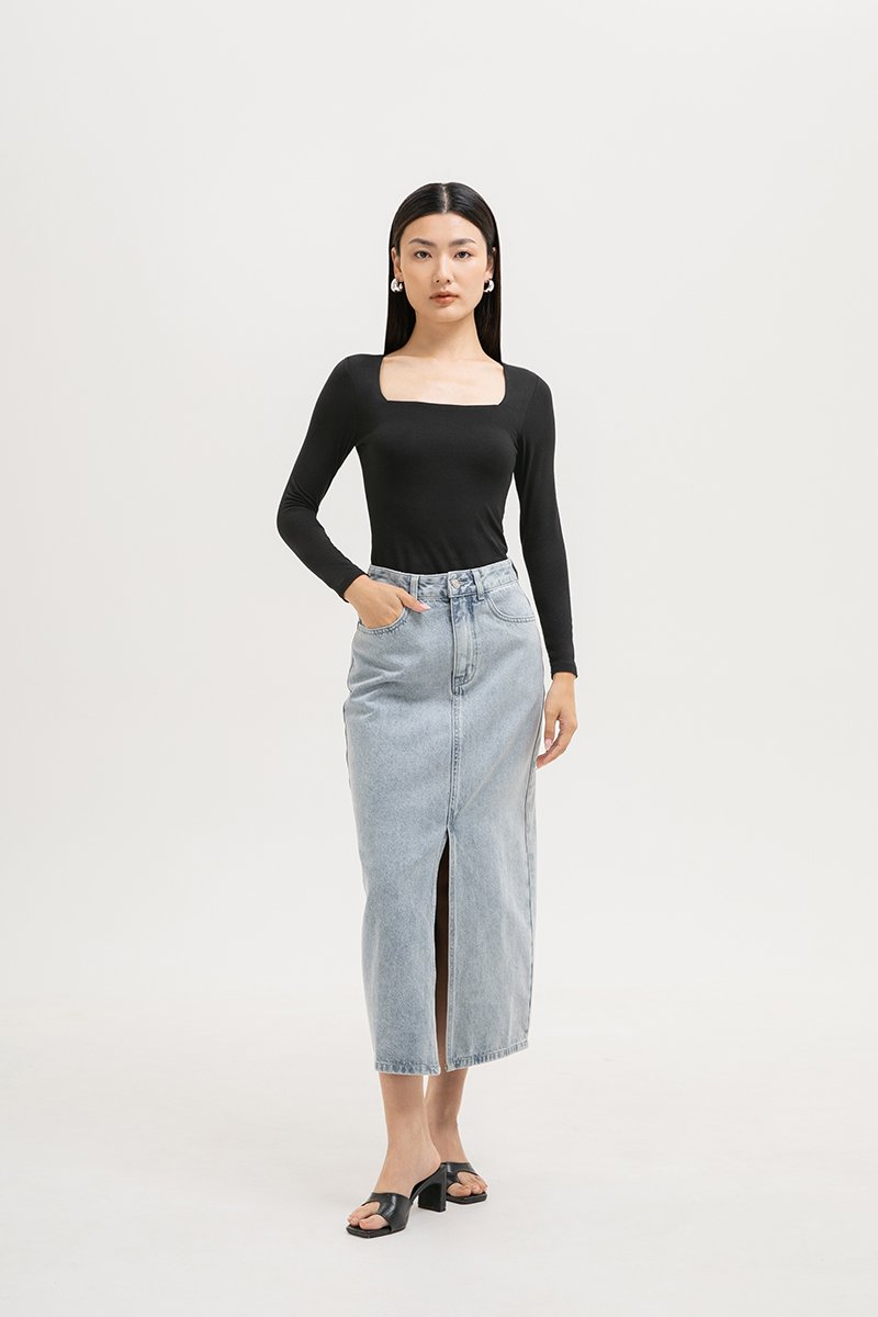 *BACKORDER* SADDIE DENIM MIDI SKIRT W SLIT